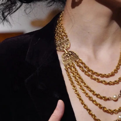 Retro plain gold multi-layer crystal glass pearl niche necklace