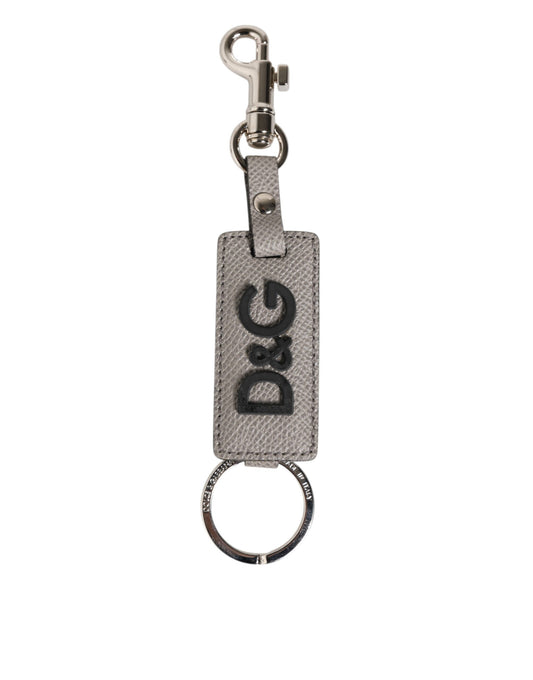 Dolce & Gabbana Gray Leather Logo Metal Ring Keychain Holder Keyring