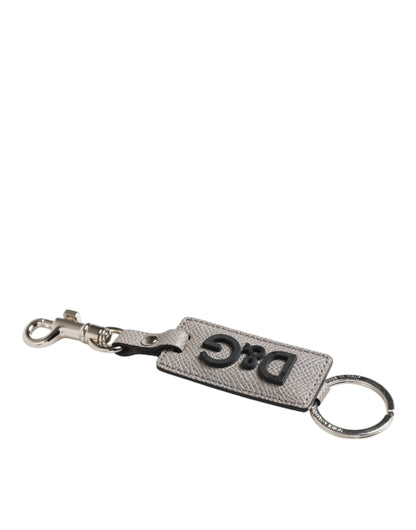 Dolce & Gabbana Gray Leather Logo Metal Ring Keychain Holder Keyring