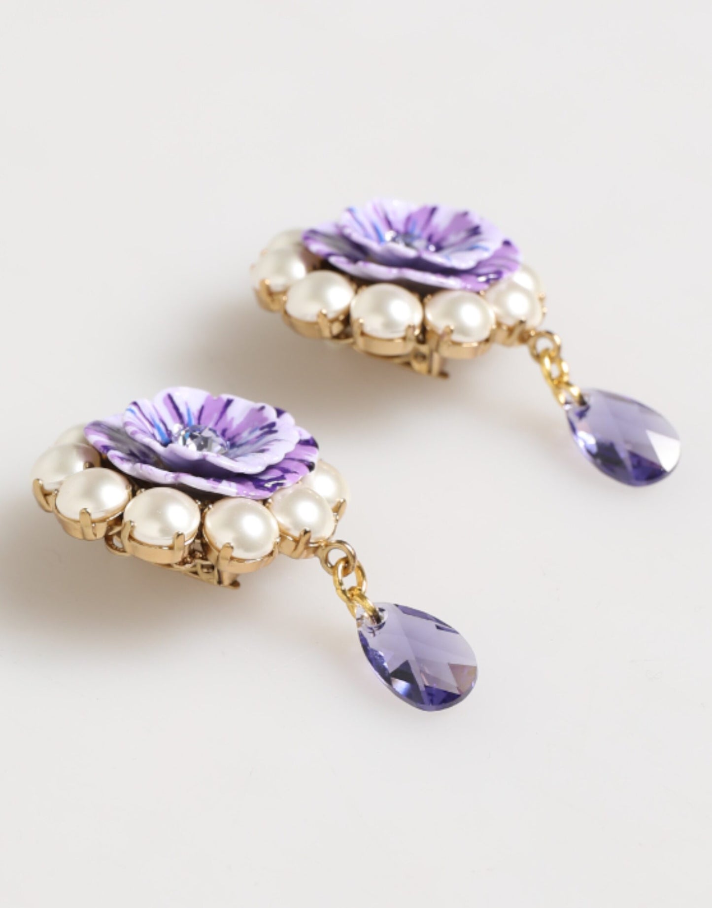 Dolce & Gabbana Purple Floral Crystal Pearl Drop Clip-On Statement Earrings