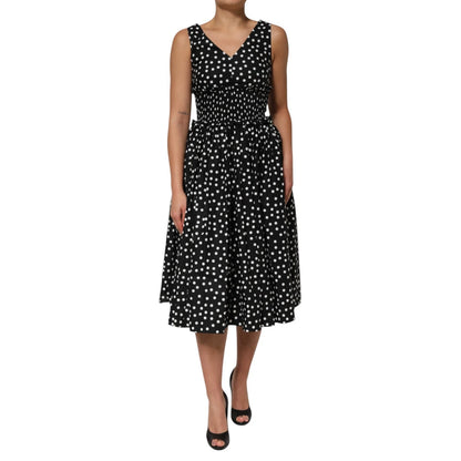 Dolce & Gabbana Black White Cotton Polka Dot Print V Neck Dress