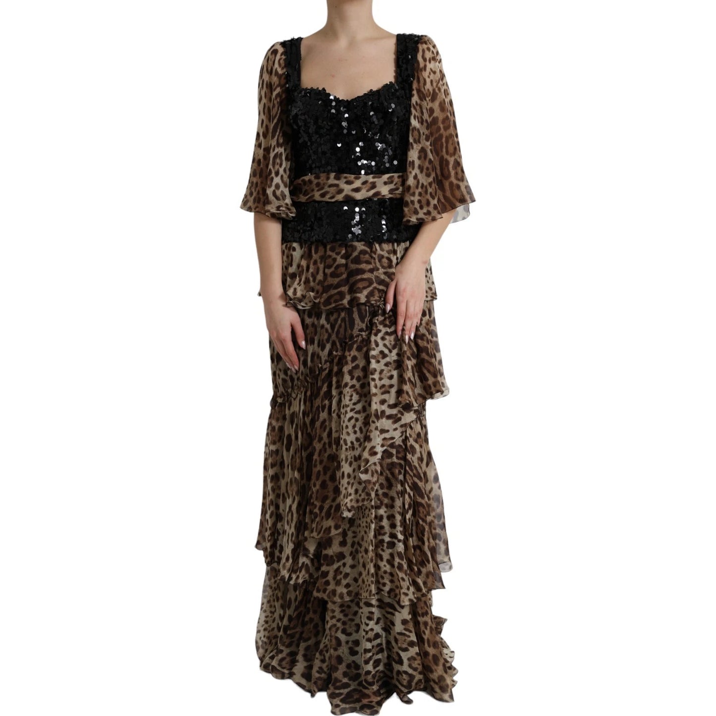 Dolce & Gabbana Leopard Print Silk Sequin Ruffle Maxi Dress