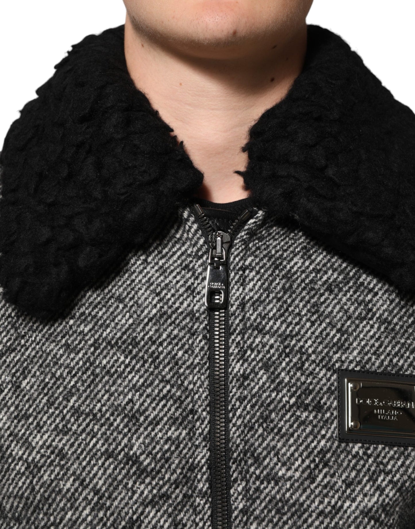 Dolce & Gabbana Gray Wool Herringbone Shearling Collar Bomber Jacket