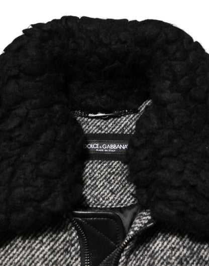 Dolce & Gabbana Gray Wool Herringbone Shearling Collar Bomber Jacket