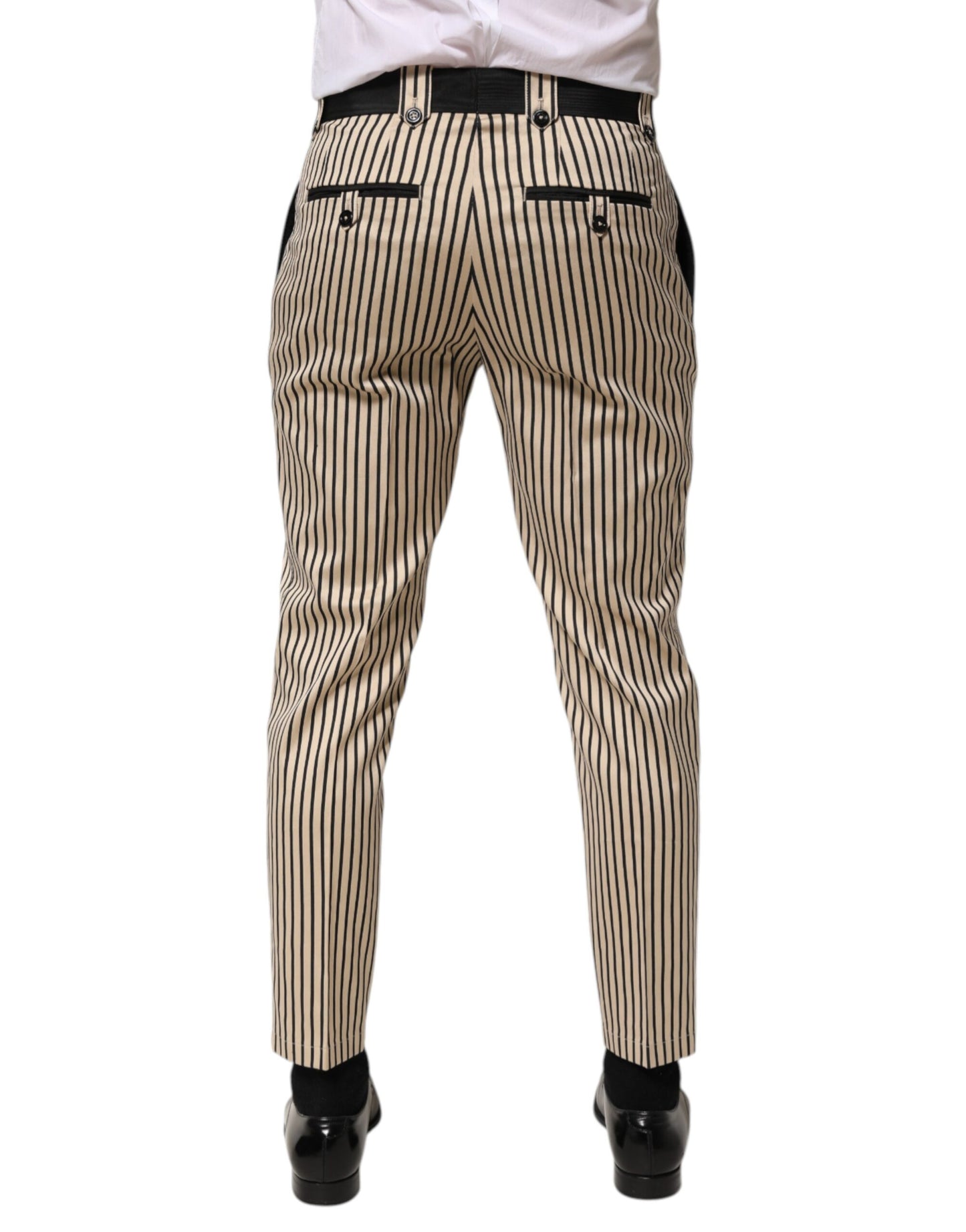 Dolce & Gabbana Beige Black Striped Cotton Slim Fit Trousers Pants