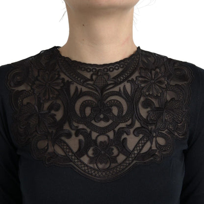 Dolce & Gabbana Black Silk Lace Trim Long Sleeves Blouse Top
