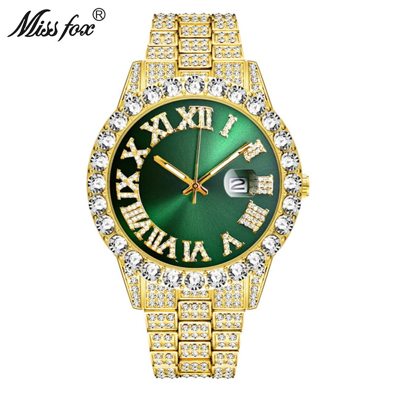 MISSFOX 2643Re Relojes para Hombre. Moderno simulando Diamante. Resistente al Agua. Oro de 18k Reloj Analógico de Cuarzo