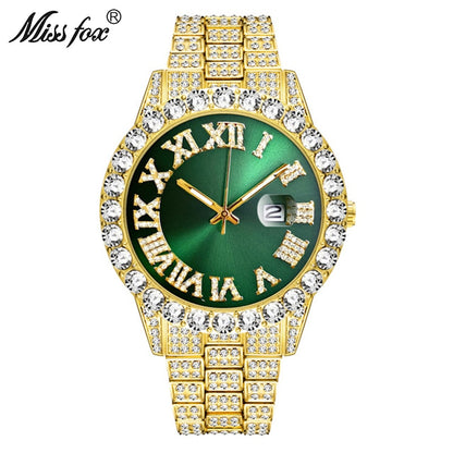MISSFOX 2643Re Relojes para Hombre. Moderno simulando Diamante. Resistente al Agua. Oro de 18k Reloj Analógico de Cuarzo