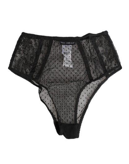 Dolce & Gabbana Black Lace Polka Dot Mesh High Waist Underwear