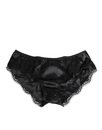 Dolce & Gabbana Black Silk Satin Lace Trim Panty  Underwear