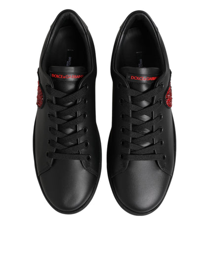 Dolce & Gabbana Black Leather Crystal Heart Low Top Sneakers  Shoes