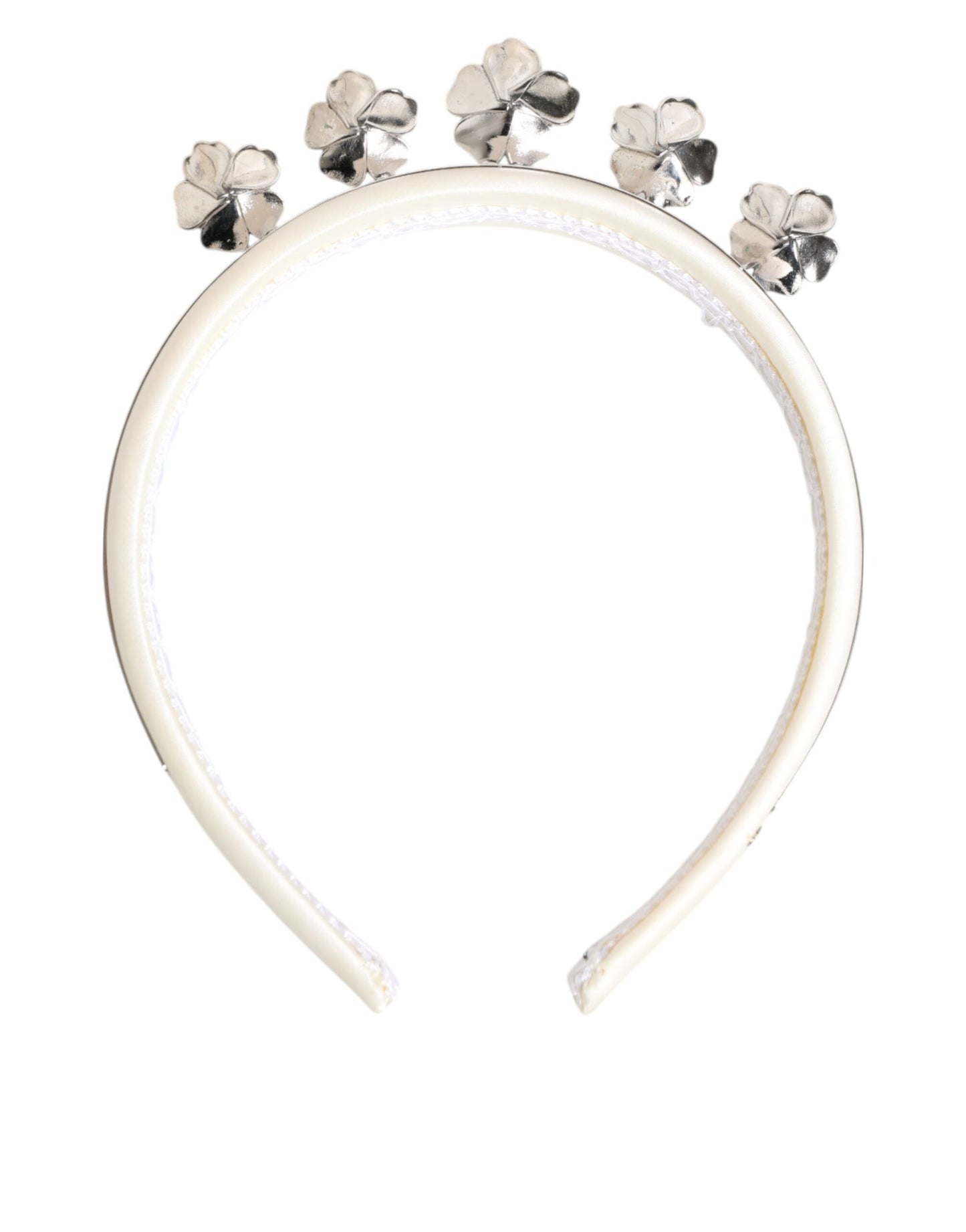 Dolce & Gabbana White Satin Palladium Silver Floral Crown Tiara Headband