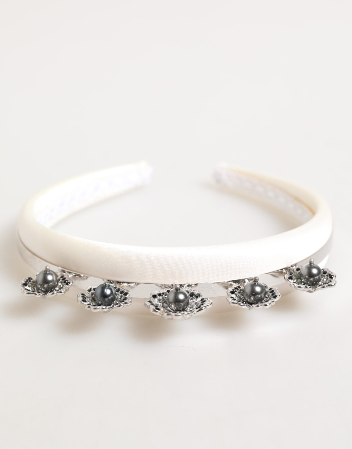 Dolce & Gabbana White Satin Palladium Silver Floral Crown Tiara Headband