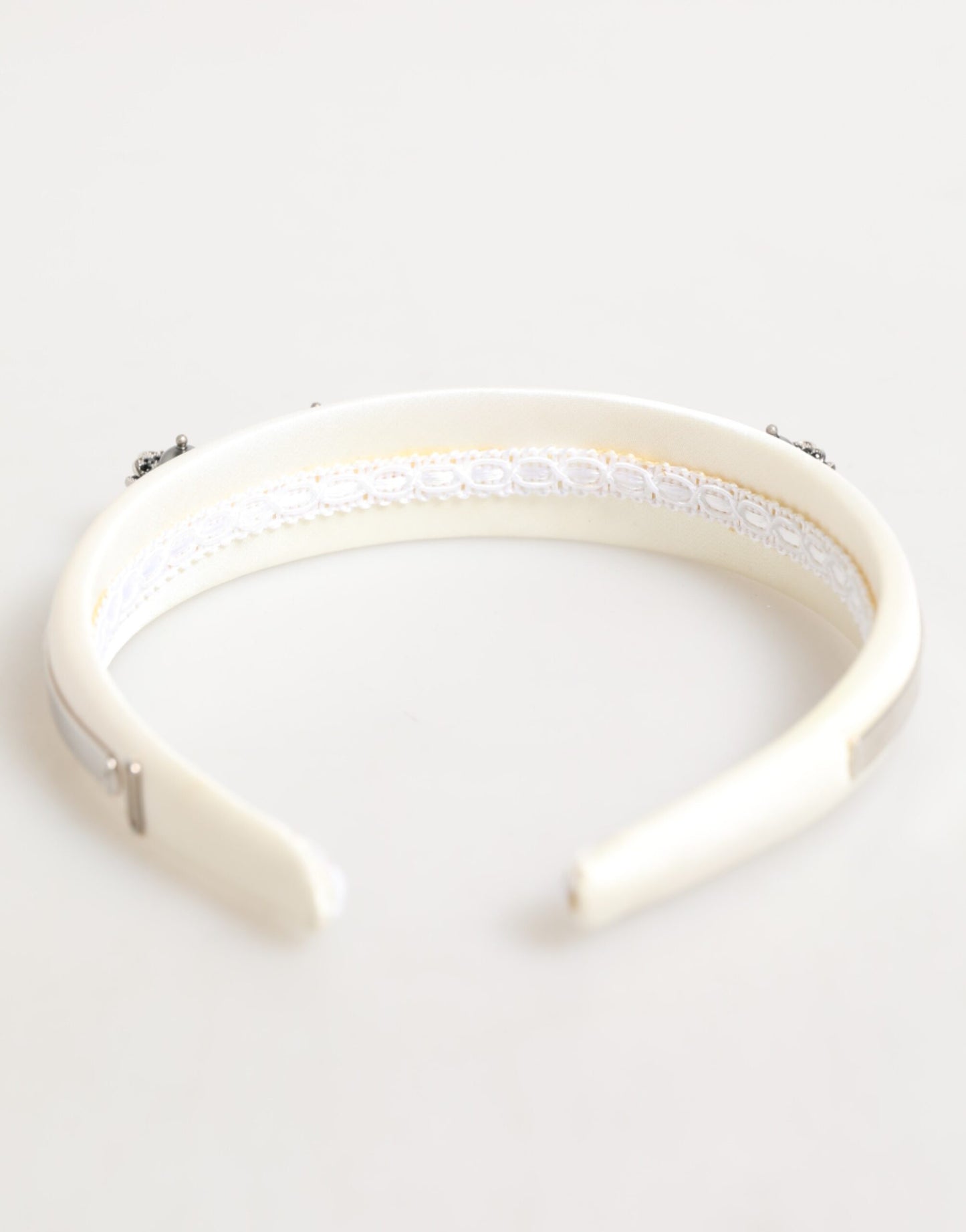 Dolce & Gabbana White Satin Palladium Silver Floral Crown Tiara Headband