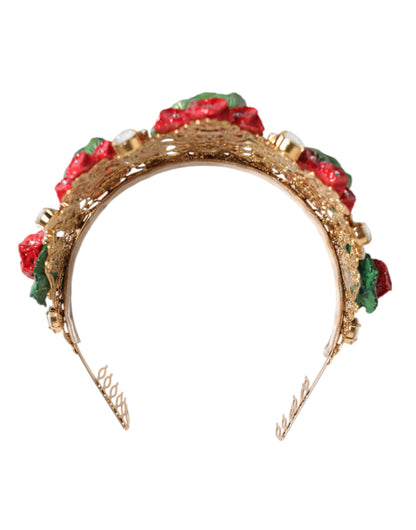 Dolce & Gabbana Red Floral Flowerpot Crystal Gold Crown Tiara Headband