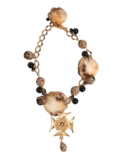 Dolce & Gabbana Gold Black Crystals Lapin Fur Filigree Choker Necklace