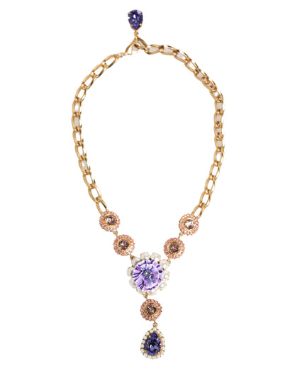 Dolce & Gabbana Gold Brass Crystal Pearl Purple Floral Pendant Jewelry Necklace