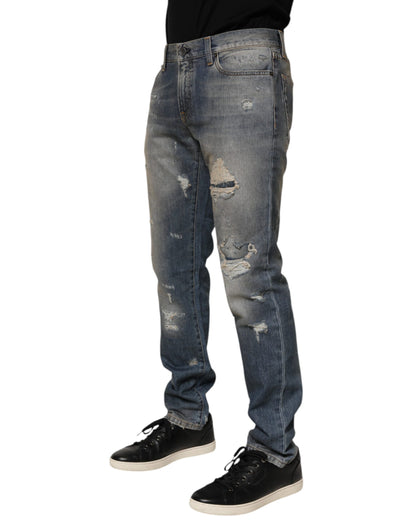 Dolce & Gabbana Blue Distressed Denim Slim Fit Pants Jeans