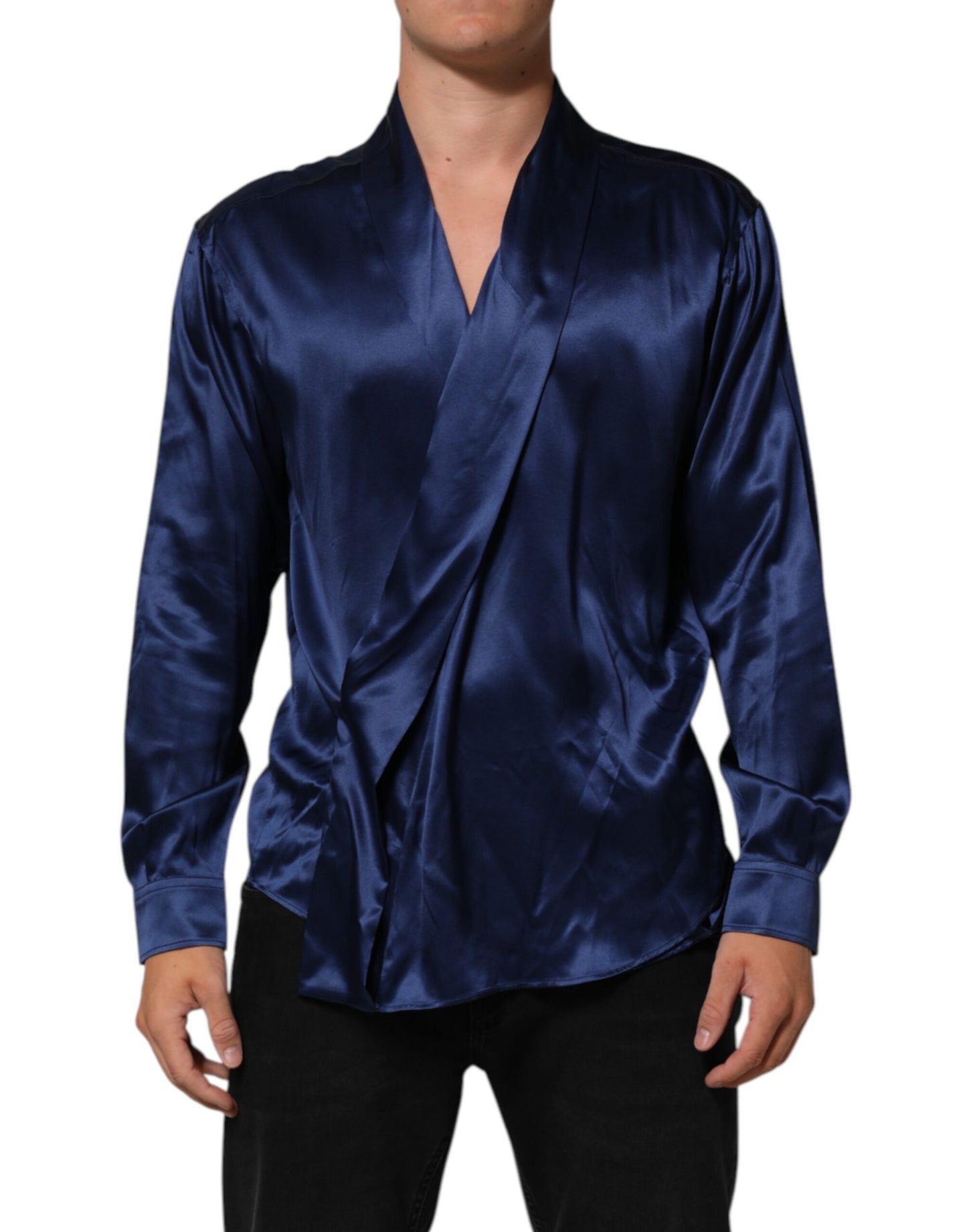 Dolce & Gabbana Blue Oversize Silk Satin Long Sleeves Shirt