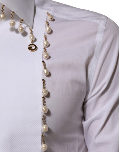 Dolce & Gabbana White Cotton DG Logo Pearl GOLD Formal Shirt