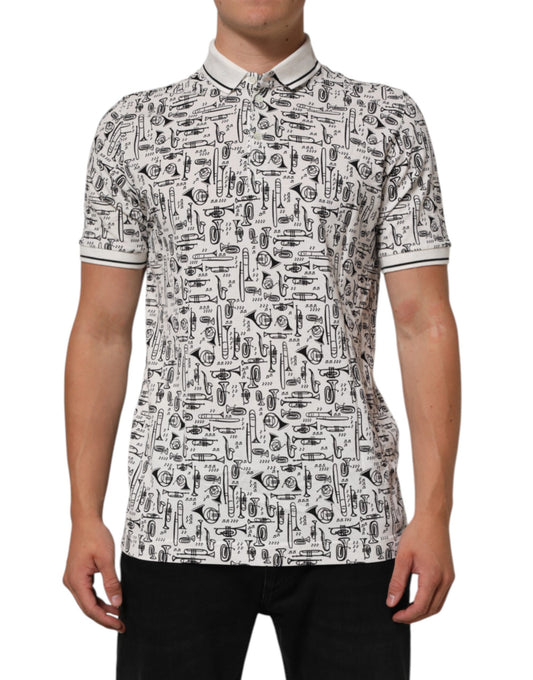 Dolce & Gabbana White Musical Print Collared Polo T-shirt