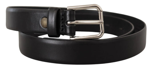 Dolce & Gabbana Black Calf Leather Silver Tone Logo Buckle Belt