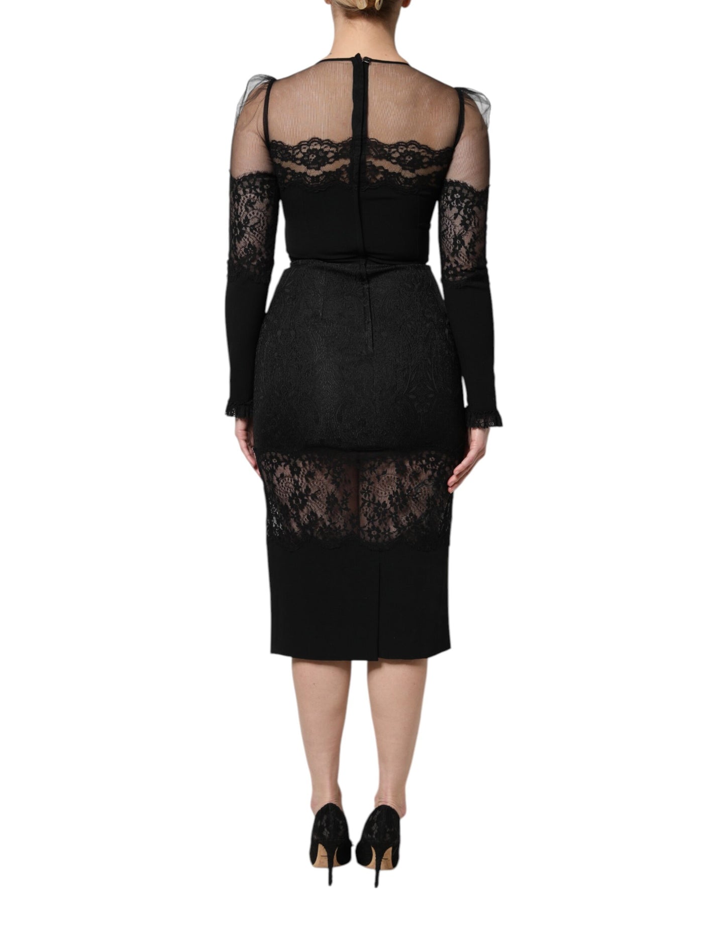 Dolce & Gabbana Black Lace Trim Nylon Tulle SheathMidi Dress