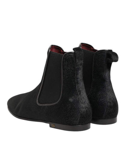 Dolce & Gabbana Black Leather Fur Men CHELSEA Boots Shoes