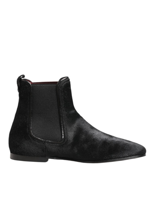 Dolce & Gabbana Black Leather Fur Men CHELSEA Boots Shoes