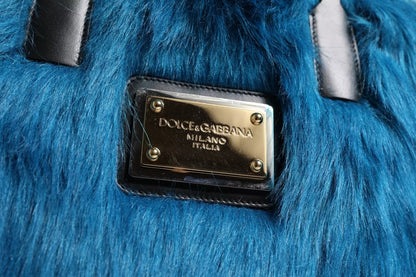 Dolce & Gabbana Blue Fur Logo Plaque Double Handle Shoulder Bag