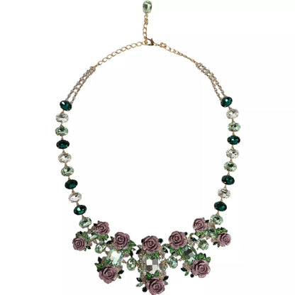 Dolce & Gabbana Gold Brass Link Chain Rose Petal Crystal Necklace
