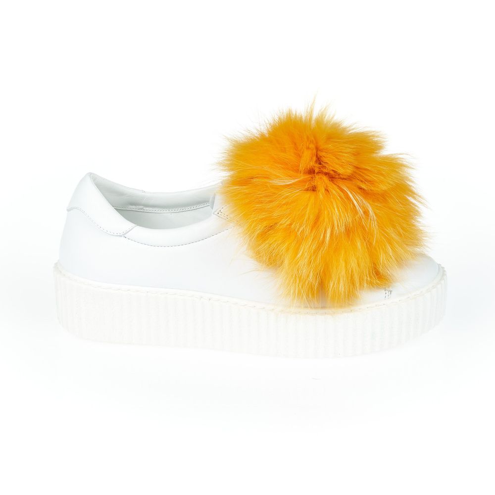 Mr&Mrs Italy White Textile Women Sneaker with Fur Pom Poms