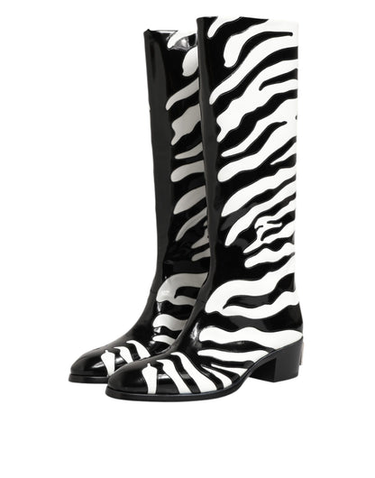 Dolce & Gabbana Black White Zebra Over The Calf Boots Shoes