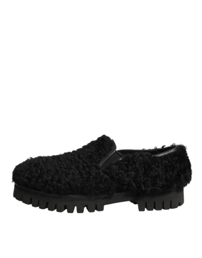 Dolce & Gabbana Dress Black Fur Leather Slippers Men Shoes