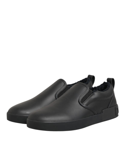 Dolce & Gabbana Black Leather Low Top Slip On Sneakers Shoes