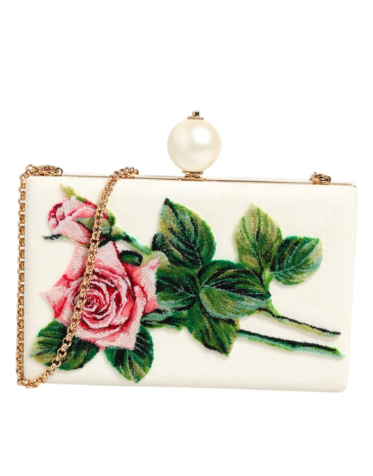 Dolce & Gabbana White Rose Embroidery Silk Gold Frame Clutch Purse Bag