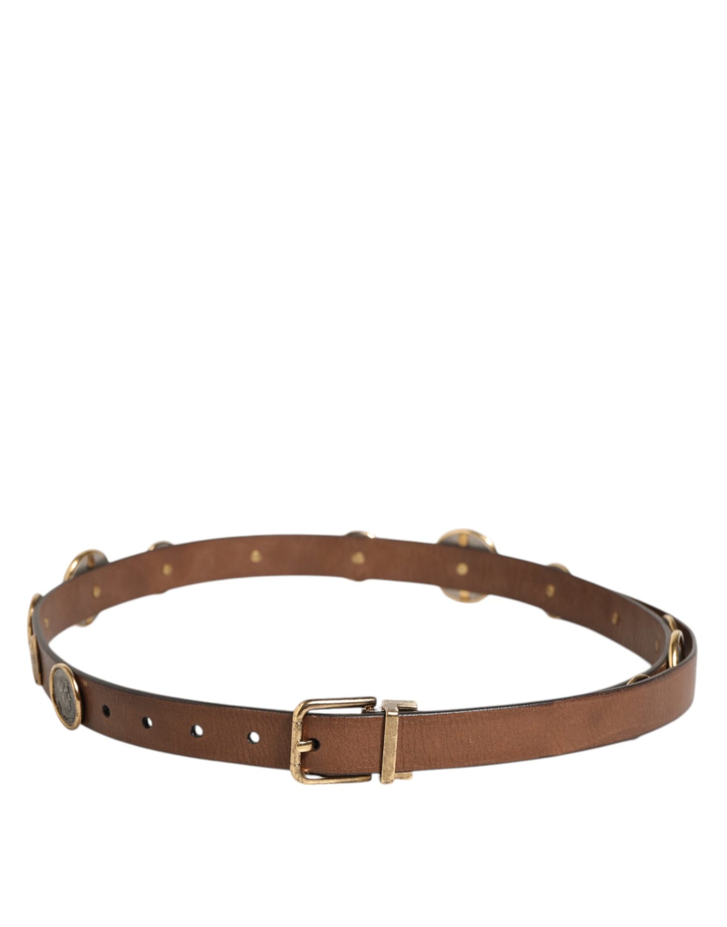 Dolce & Gabbana Brown Leather Gold Silver Coin Buckle Belt