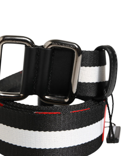 Dolce & Gabbana Black White Striped Logo Metal Buckle Belt
