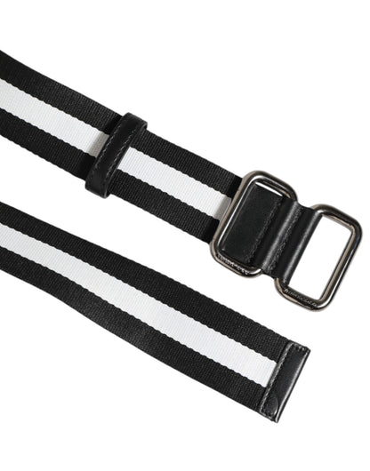 Dolce & Gabbana Black White Striped Logo Metal Buckle Belt