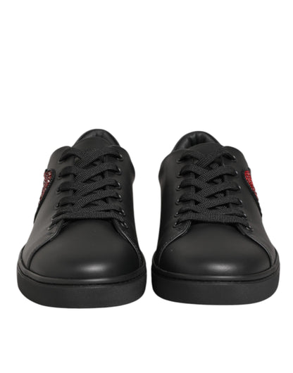 Dolce & Gabbana Black Leather Crystal Heart Sneakers  Shoes