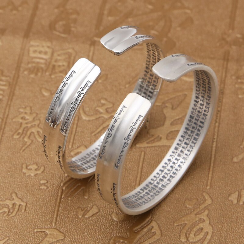 Brazalete de apertura para pareja, 100 % plata esterlina S999, para mujer y hombre, suave exfoliante, con escritura de Buda y mantra, joyería