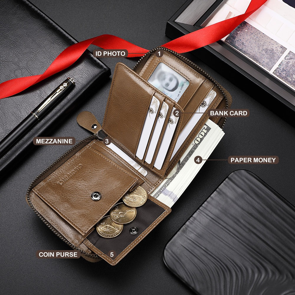 Cartera de cuero con cremallera, horizontal, multifunción, con caja de regalo