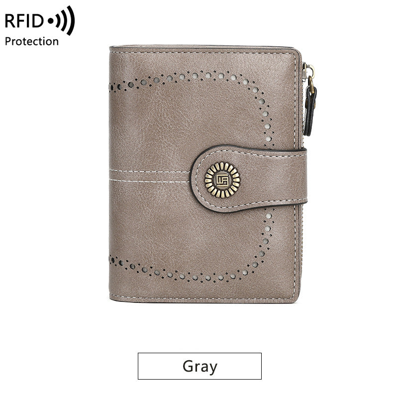 Cartera RFID para mujer, tarjetero corto de piel encerada, billetera cero, billetera moderna con hebilla y cremallera