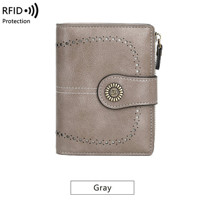 Cartera RFID para mujer, tarjetero corto de piel encerada, billetera cero, billetera moderna con hebilla y cremallera
