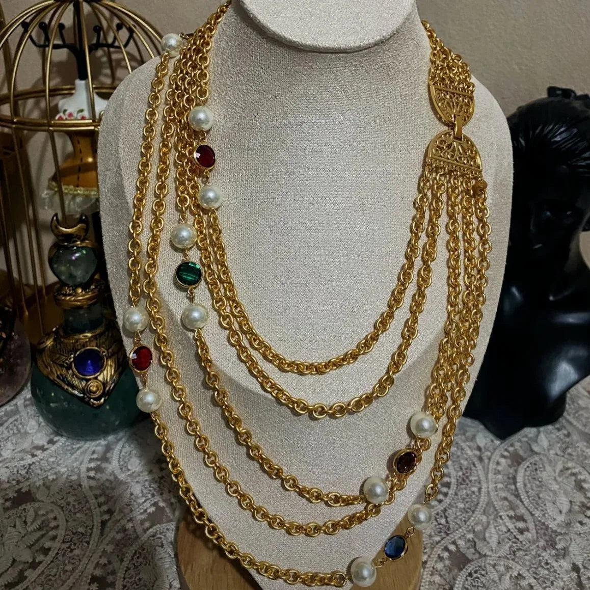 Retro plain gold multi-layer crystal glass pearl niche necklace
