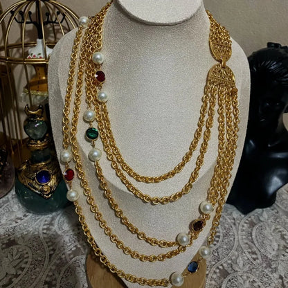 Retro plain gold multi-layer crystal glass pearl niche necklace