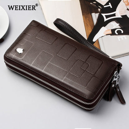Cartera WEIXIER de cuero genuino para teléfono móvil, con cremallera para hombre, monedero de negocios