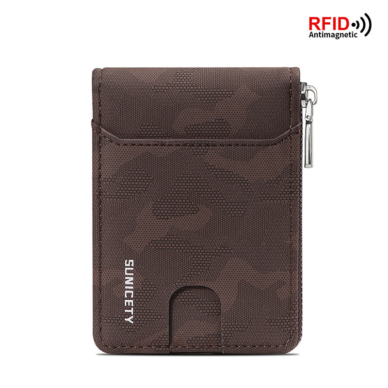 Cartera de camuflaje de PU con cremallera RFID, gran capacidad, para tarjetas de crédito