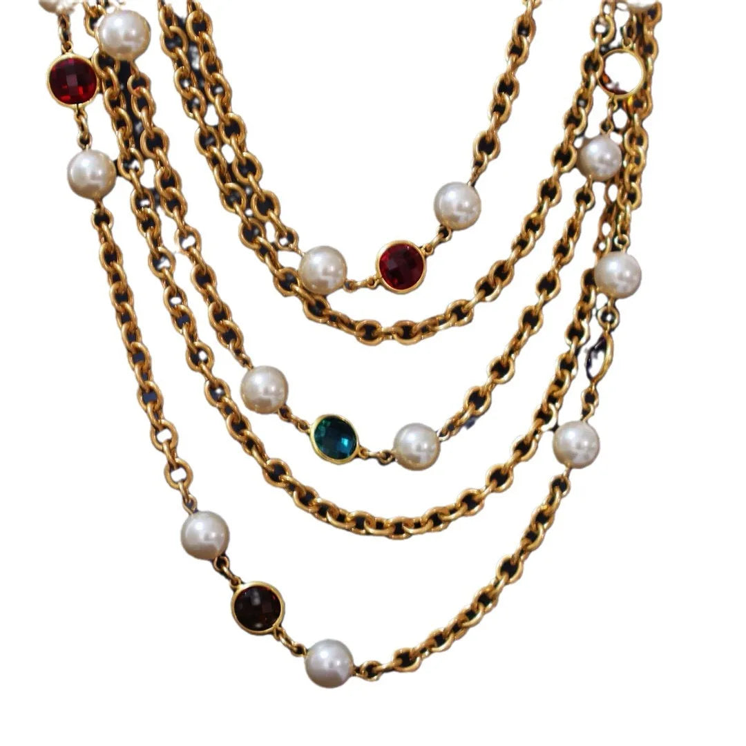 Retro plain gold multi-layer crystal glass pearl niche necklace