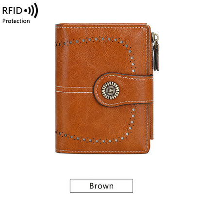 Cartera RFID para mujer, tarjetero corto de piel encerada, billetera cero, billetera moderna con hebilla y cremallera